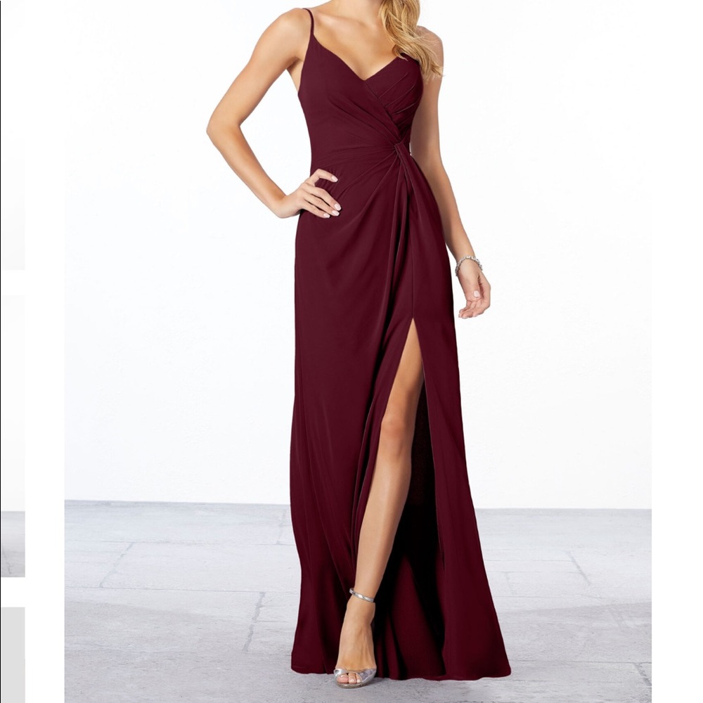 Mori Lee bridesmaid dress in Bordeaux.
